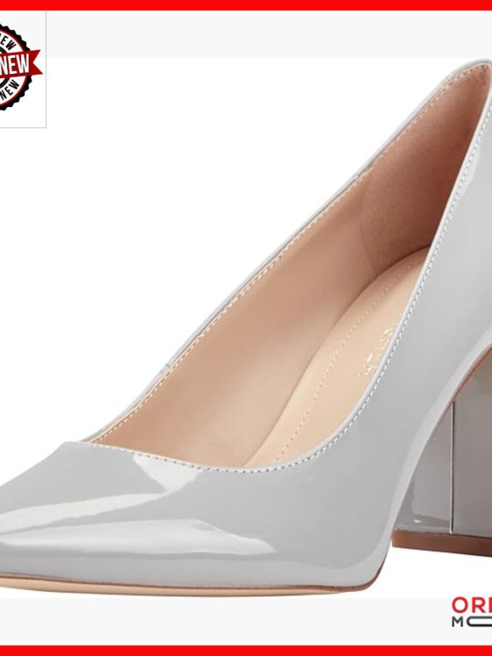 Pointy Toe Block Heel Pumps, Faux Patent Leather, Slip-On Closure